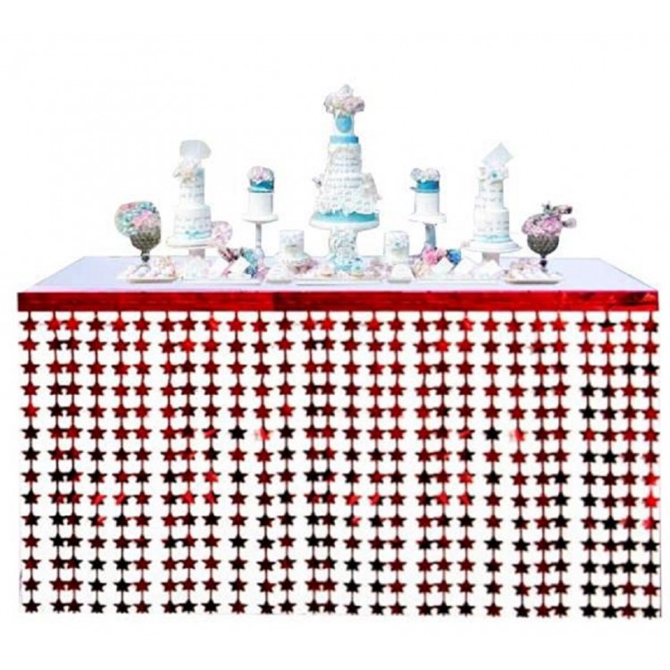 Tasseled Shiny Metallized Red Star Table Skirt 75x360cm