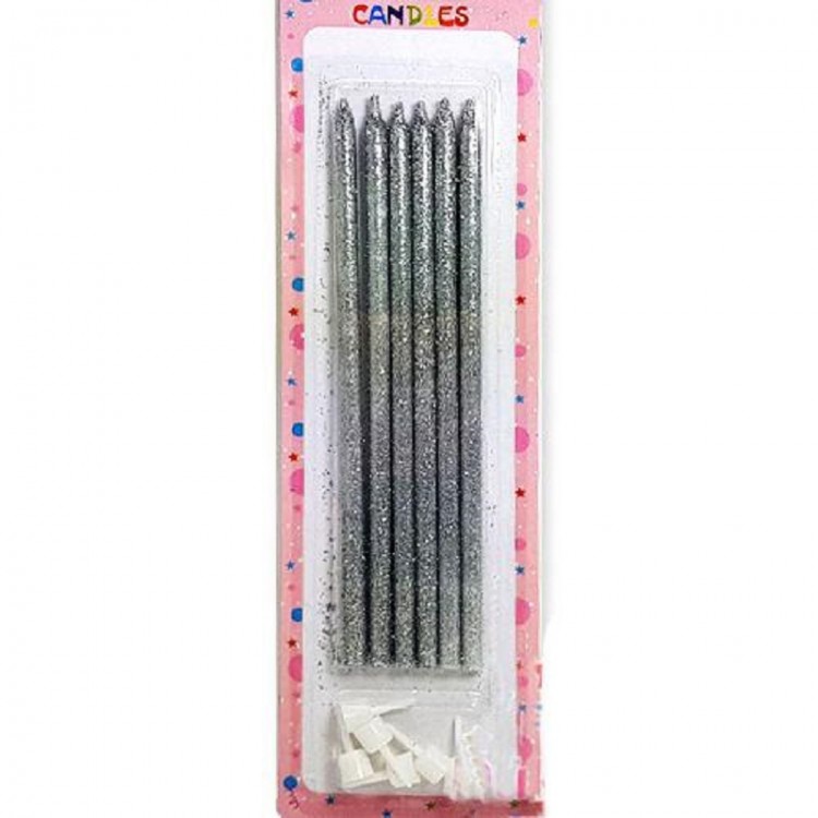 Silver Glitter Cake Candle 6 Pieces 16 cm