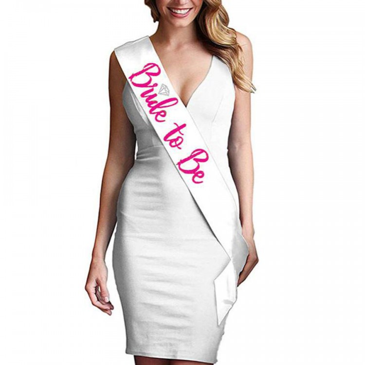 Bride To Be Saten Kuşak Beyaz Üzeri Metalize Fuşya Yazılı 160x9.5 cm