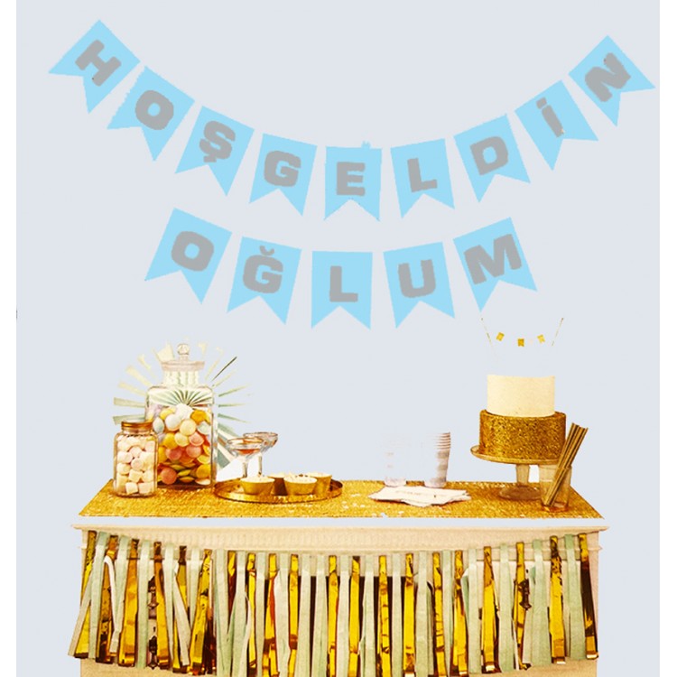 Welcome My Son Blue Over Silver Newborn Baby Birth Decoration Banner Flag Pennant 2.2 Meters