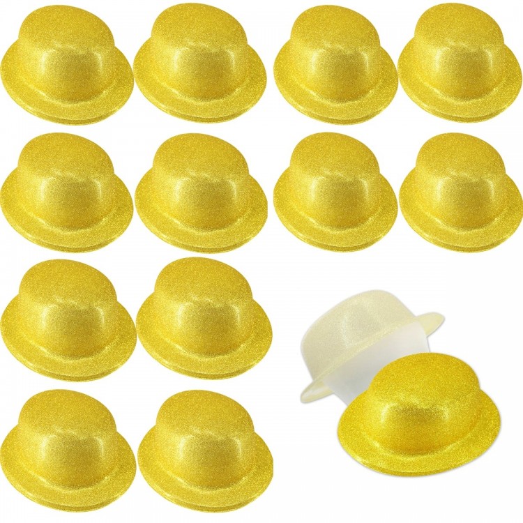 Gold Color Glitter Bowler Round Party Hat 12 Pieces