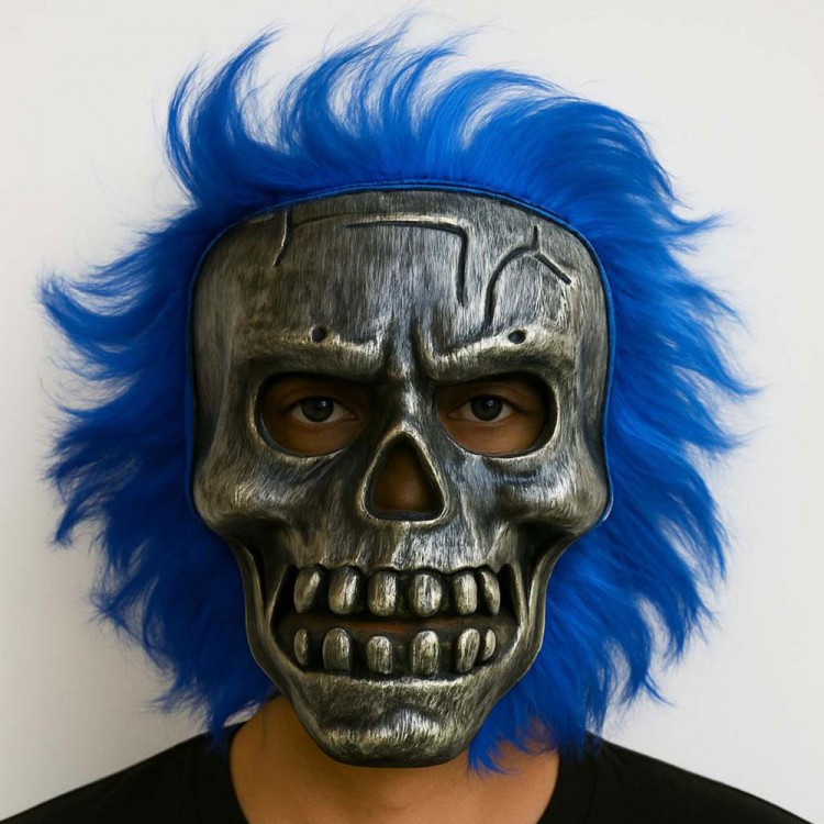 Wild Skull - Gümüş Kafatası Mavi Saçlı İskelet Maske