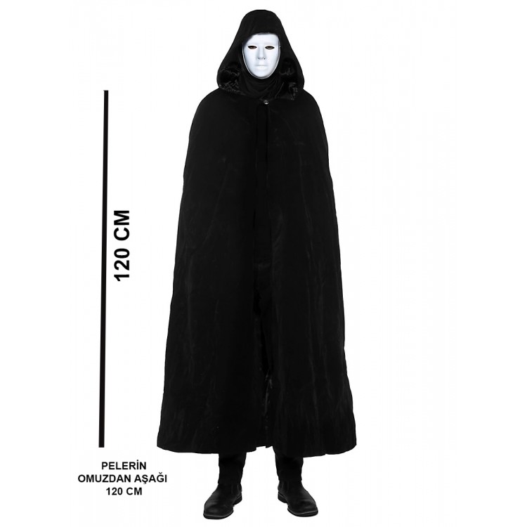Siyah Kapüşonlu 120 cm Pelerin ve Beyaz Boyanabilir Tam Yüz Maske