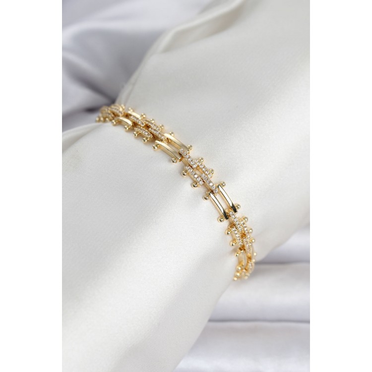 Pirinç Gold Renk Kare Zincir Model Zirkon Taşlı Kadın Bileklik TJ-BB8495