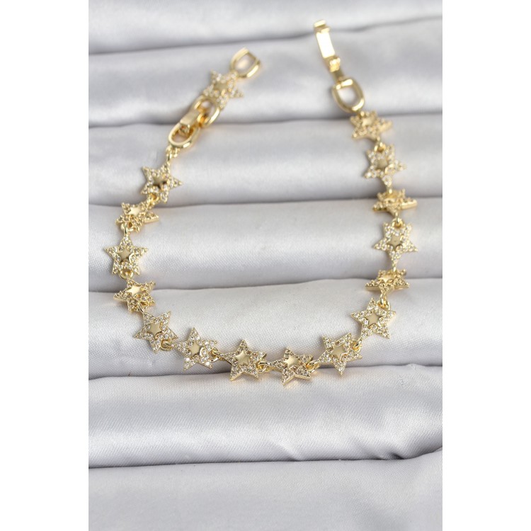 Sıralı Yıldız Model Zirkon Taşlı Gold Renk Pirinç Kadın Bileklik TJ-BB8496