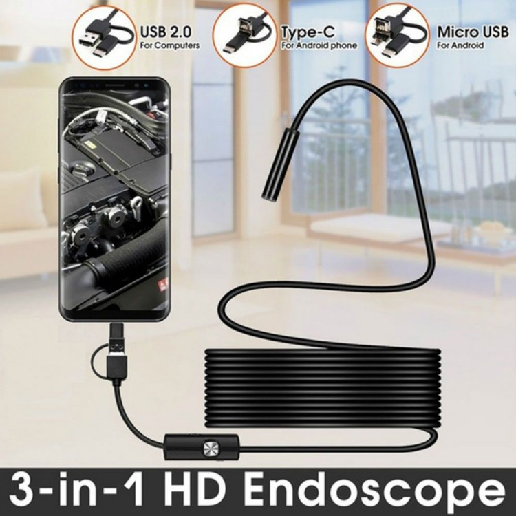 Endoscope 3 In 1 Snake Camera Usb Micro Usb Type-c 10m Rigid Cable