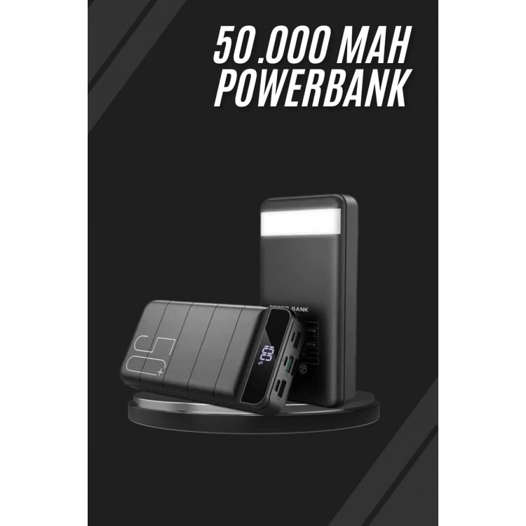 Taşınabilir Powerbank 50.000 mAh 4 Girişli Hızlı Şarj Led Göstergeli Fenerli Şarj
