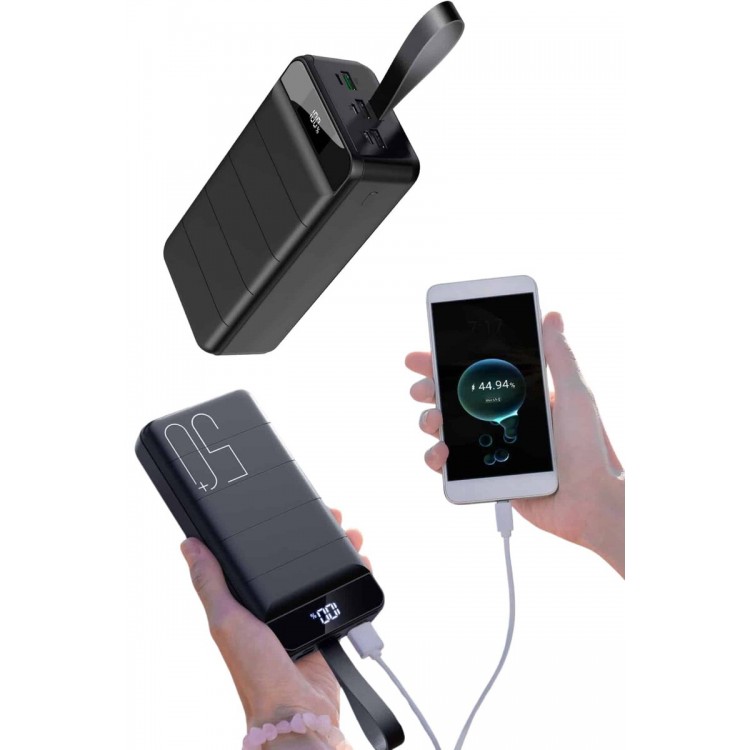 Taşınabilir Powerbank 50.000 mAh 4 Girişli Hızlı Şarj Led Göstergeli Fenerli Şarj