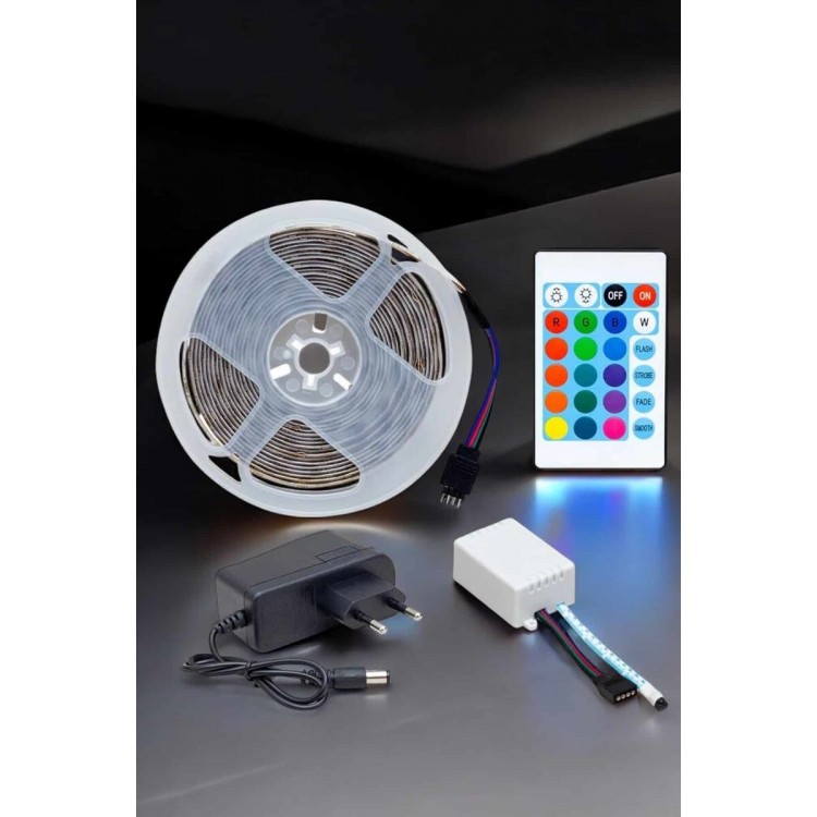 5 Metre Şerit Led RGB Işıklı Kumandalı Güç Adaptörü Her Ortama Uygun
