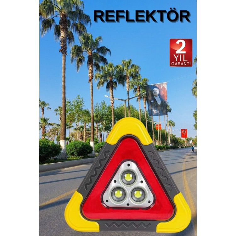 Reflektör Güneş Panelli Solarlı Şarjlı Üçgen Işıklı Trafik Reflektör Fener