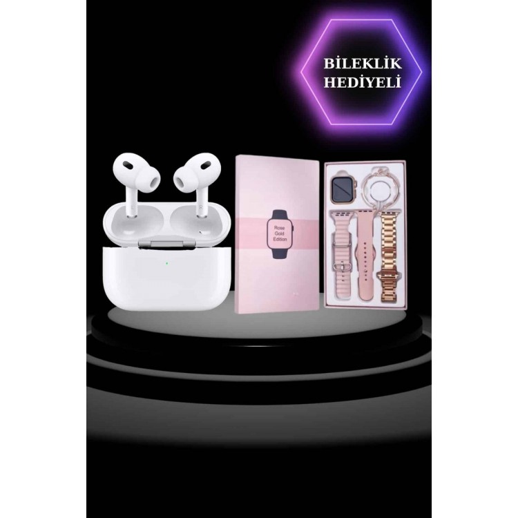 3 Kordonlu Pembe Amoled Ekran Akıllı Saat ve Yeni Nesil Pro Kablosuz Bluetooth Kulaklık ANC/ENC
