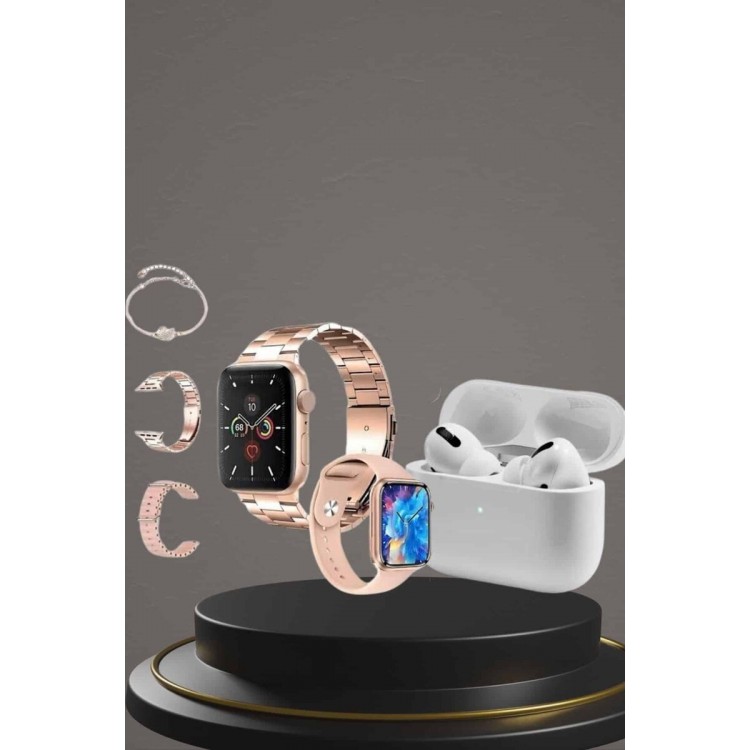 3 Kordonlu Pembe Amoled Ekran Akıllı Saat ve Yeni Nesil Pro Kablosuz Bluetooth Kulaklık ANC/ENC