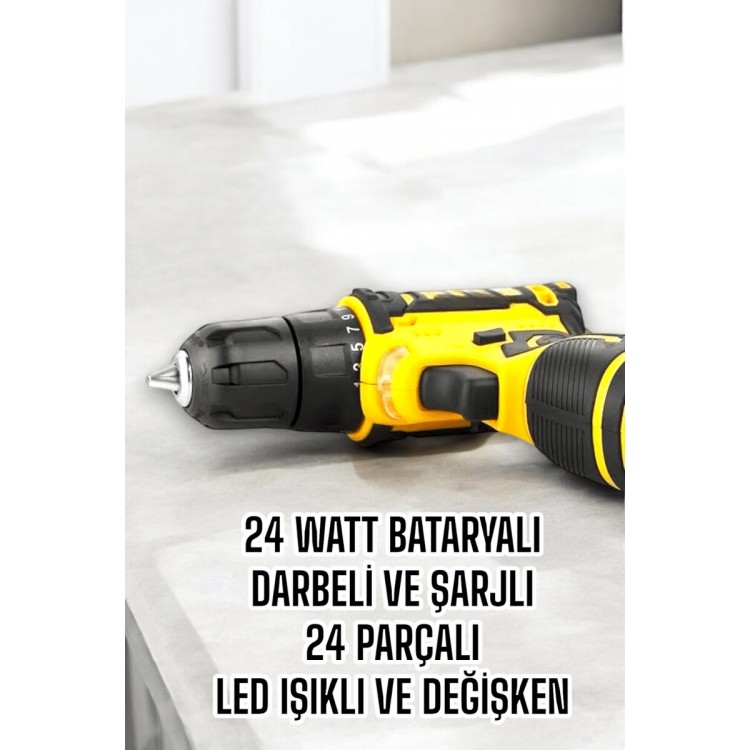 Çift Bataryalı Metal Dişli Darbeli Şarjlı Matkap Seti 24W Güç ve 24 Parça Aksesuar