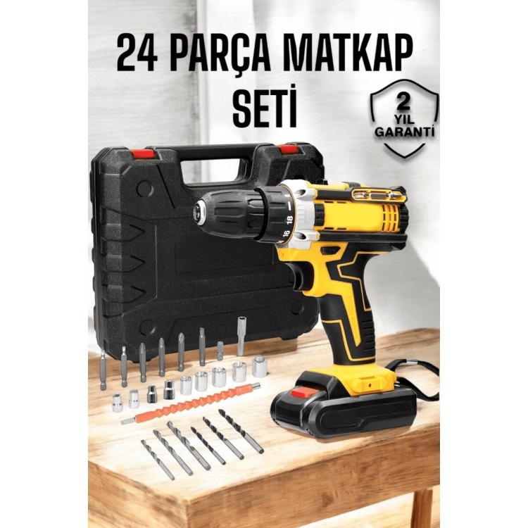 Çift Bataryalı Metal Dişli Darbeli Şarjlı Matkap Seti 24W Güç ve 24 Parça Aksesuar