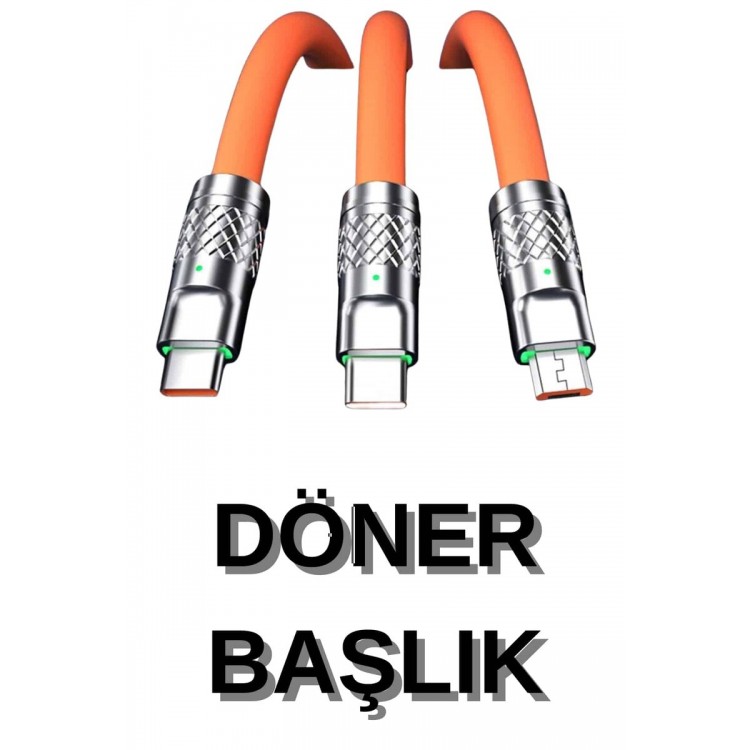 3 İn 1 Süper Hızlı Şarj Kablosu Android ve İOS Uyumlu Silikon Şarj Kablosu