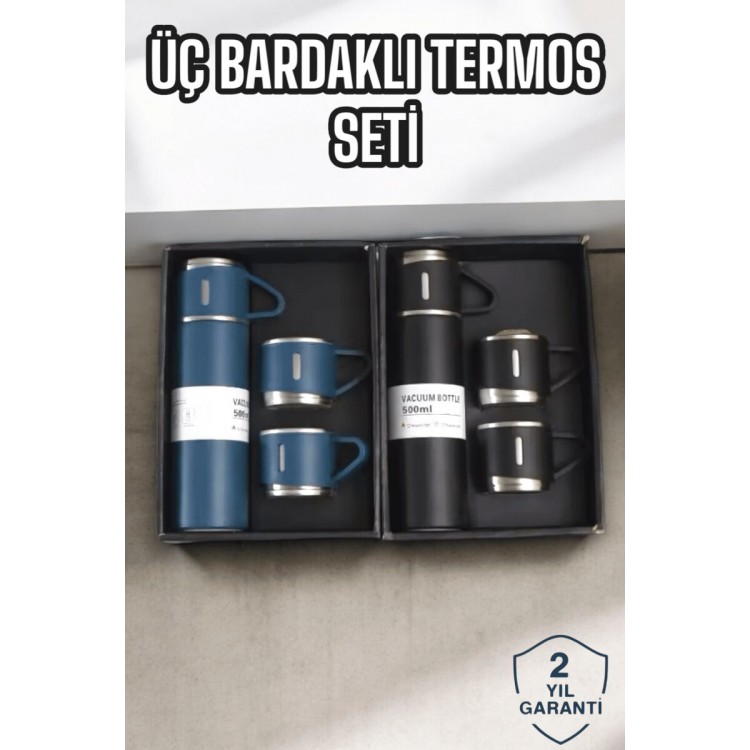 Şık ve Dayanıklı 3 Bardaklı Termos Seti Uzun Süre Isı Koruma Özellikli