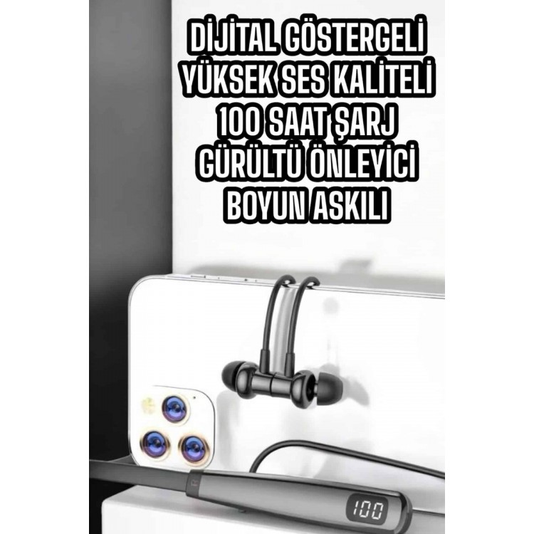 Boyun Askılı Bluetooth Kulaklık Uzun Şarj Süreli Dijital Göstergeli Kablolu