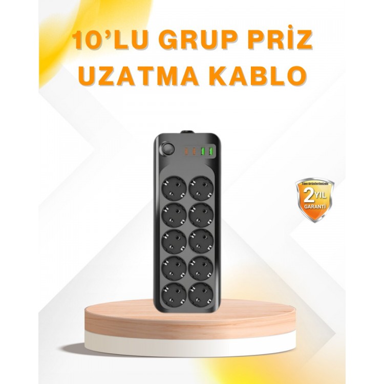 10’lu Çoklu Priz Termal Korumalı USB Type-C Çıkışlı 2500W Uzatma Kablosu