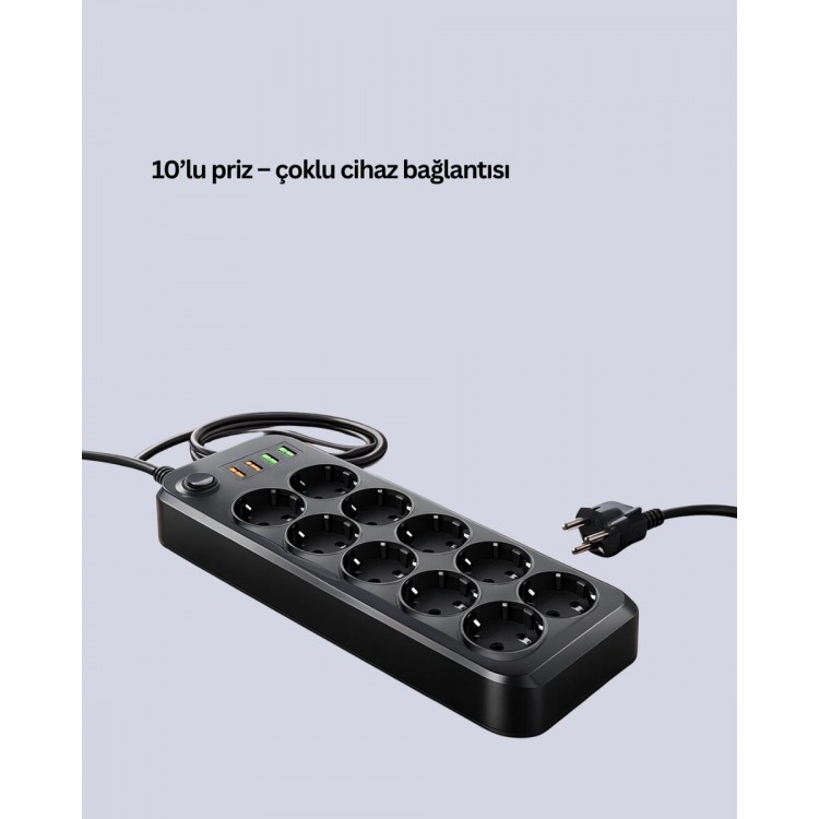 10 Prizli Uzatma Kablosu Termal Koruma USB Type-C Hızlı Şarj 2500W