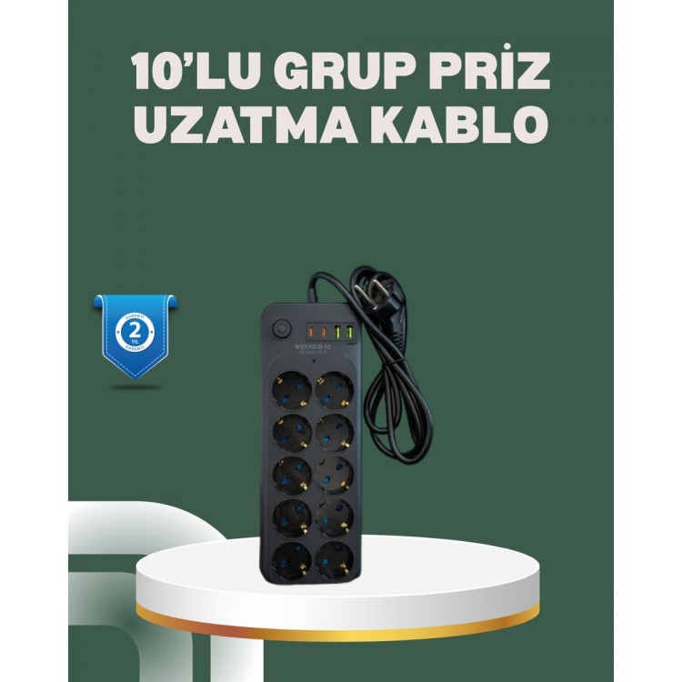 Termal Koruma Sistemli USB Type-C 10’lu Grup Priz 2m 2500W Güç Kapasiteli
