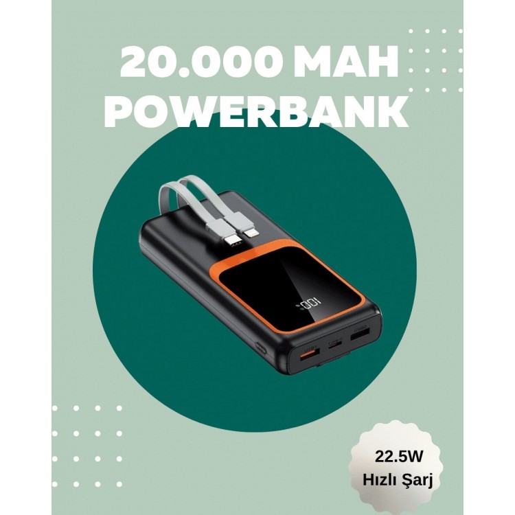 20,000 mAh Powerbank with Digital Display | 22.5W Fast Charging + Multiple Connection Options