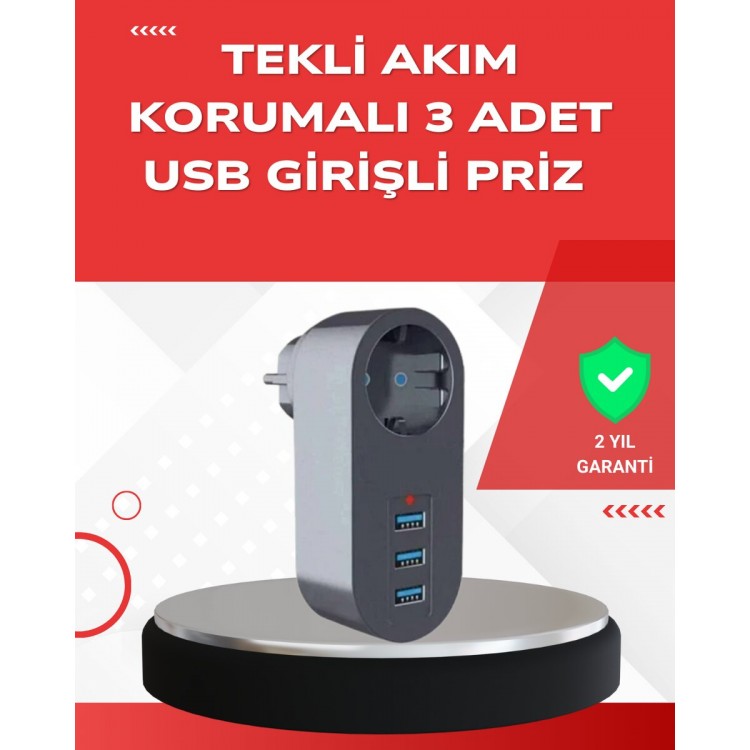 2500W Güç Destekli Akım Korumalı Priz – 3 USB Çıkışlı