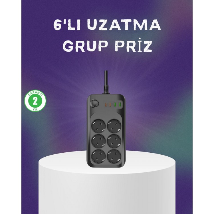 6 Prizli Çoklu Uzatma Kablosu USB Type-C Hızlı Şarj Termal Koruma