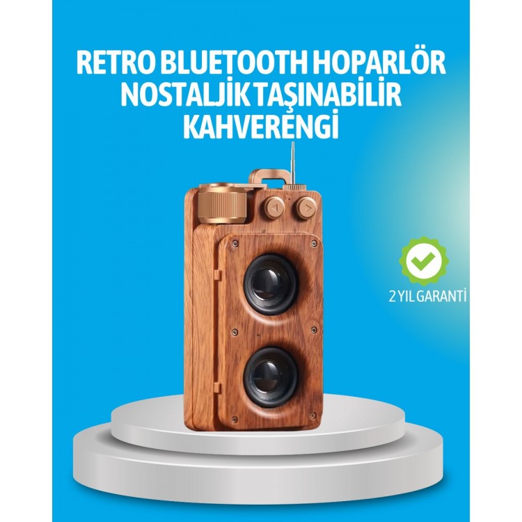 Retro Bluetooth Hoparlör Ahşap Görünümlü 5W Çift Stereo Ses