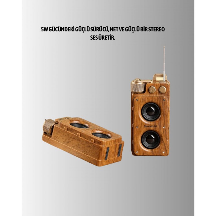 Retro Bluetooth Hoparlör Ahşap Görünümlü 5W Çift Stereo Ses