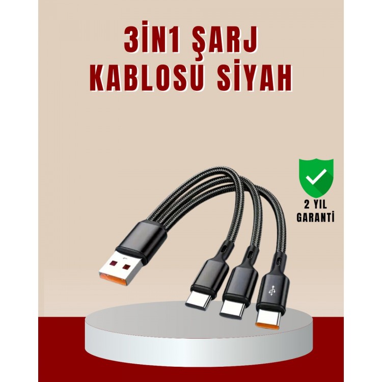 3’ü 1 Arada Hızlı Şarj Kablosu – iOS Android Type-C Uyumlu