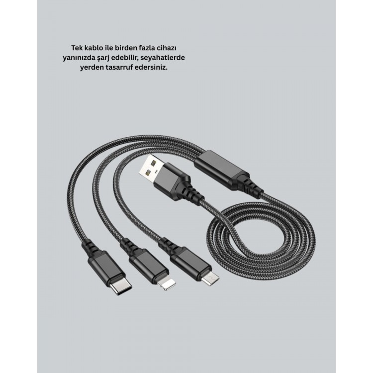 Evrensel 3 Başlıklı Şarj Kablosu – iPhone Huawei Samsung İçin