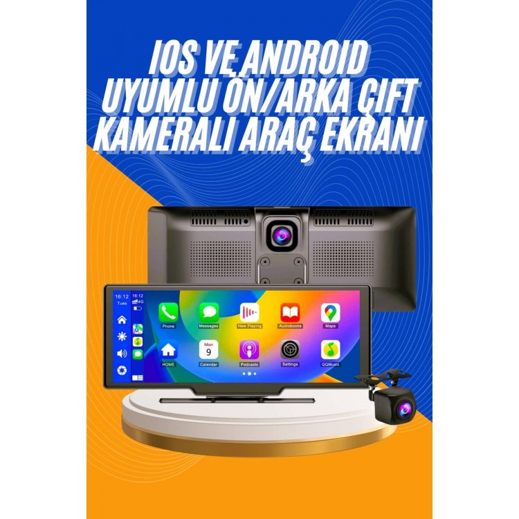 Android ve İOS Uyumlu Ön Arka Çift Kameralı Araç Ekranı Dokunmatik CarPlay