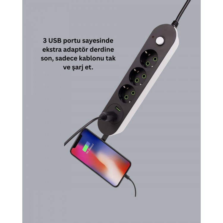 2 Metre Kablolu 3 USB Portlu Anahtarlı Üçlü Priz