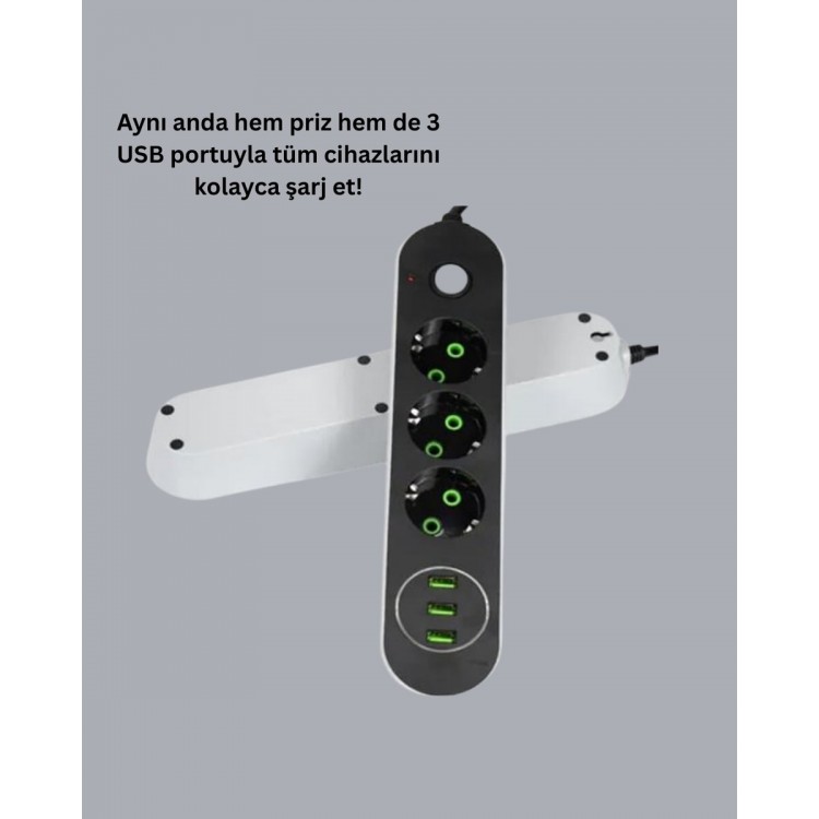 2 Metre Kablolu 3 USB Portlu Anahtarlı Üçlü Priz