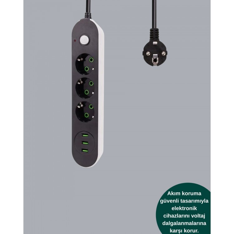 2 Metre Kablolu 3 USB Portlu Anahtarlı Üçlü Priz
