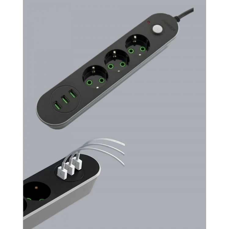 2 Metre Kablolu 3 USB Portlu Anahtarlı Üçlü Priz