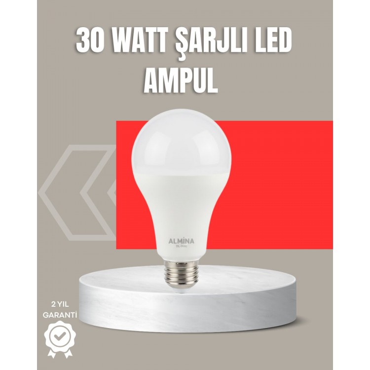 30W Şarjlı LED Ampul E27 Duy %80 Enerji Tasarruflu Soğuk Beyaz