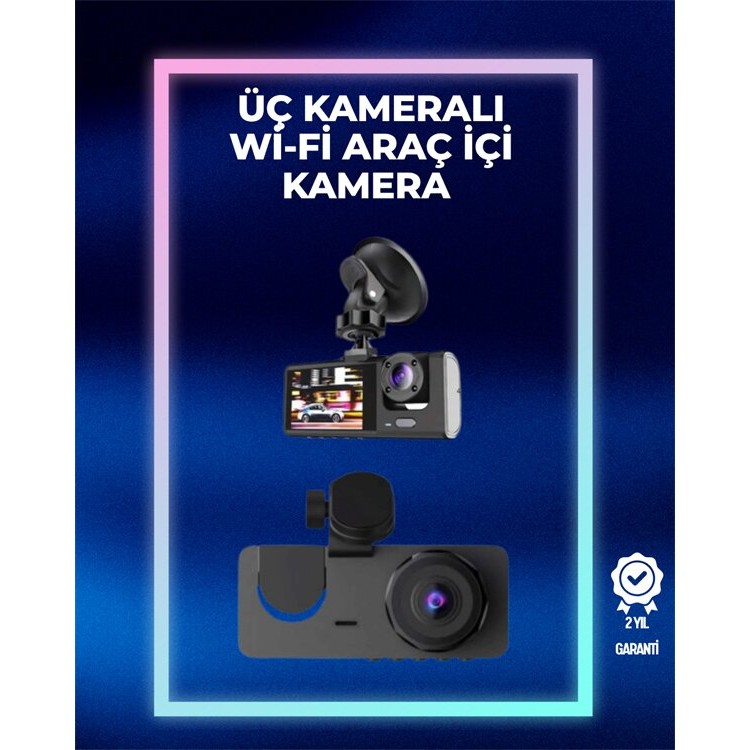 1080p Ön + 720p Arka & İç Kamera – Suya Dayanıklı Araç Güvenlik Kamerası