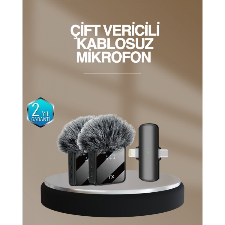 2’li Kablosuz Yaka Mikrofonu Type-C ve Lightning Uyumlu Profesyonel Set