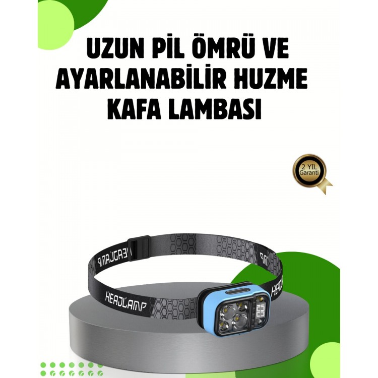 53 Modlu Süper Parlak LED Kafa Lambası Type C Şarjlı Güç Göstergeli