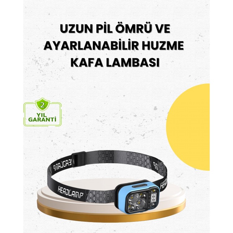 Üç Renkli LED Kafa Feneri 53 Mod Güç Göstergeli Type C Şarjlı