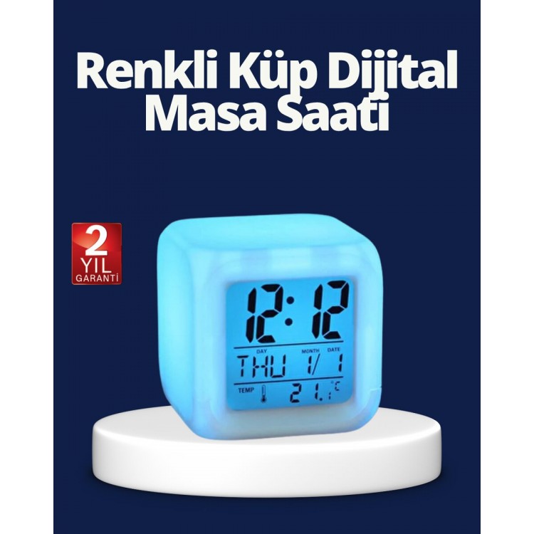 Renk Değiştiren LED Alarmlı Dijital Küp Masa Saati