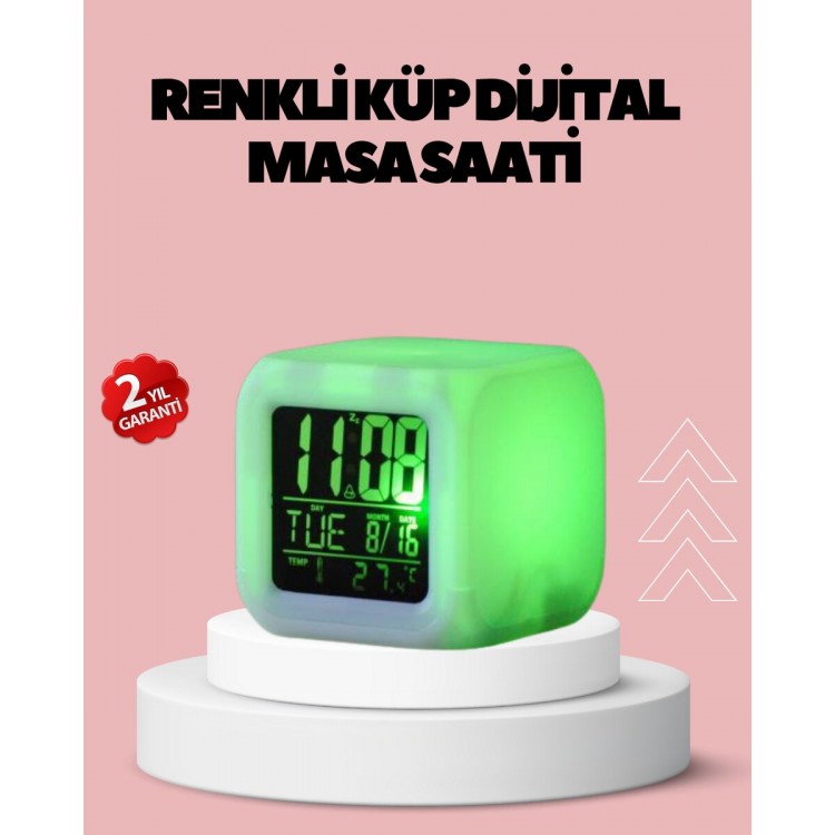 Kronometre ve Takvim Destekli Renk Değiştiren LED Dijital Küp Saat