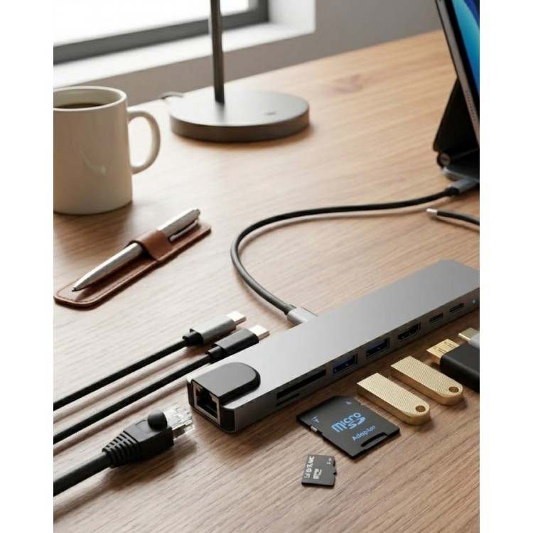Type C Çoklu Port Hub 8 Port USB HDMI SD Kart Ethernet Adaptör