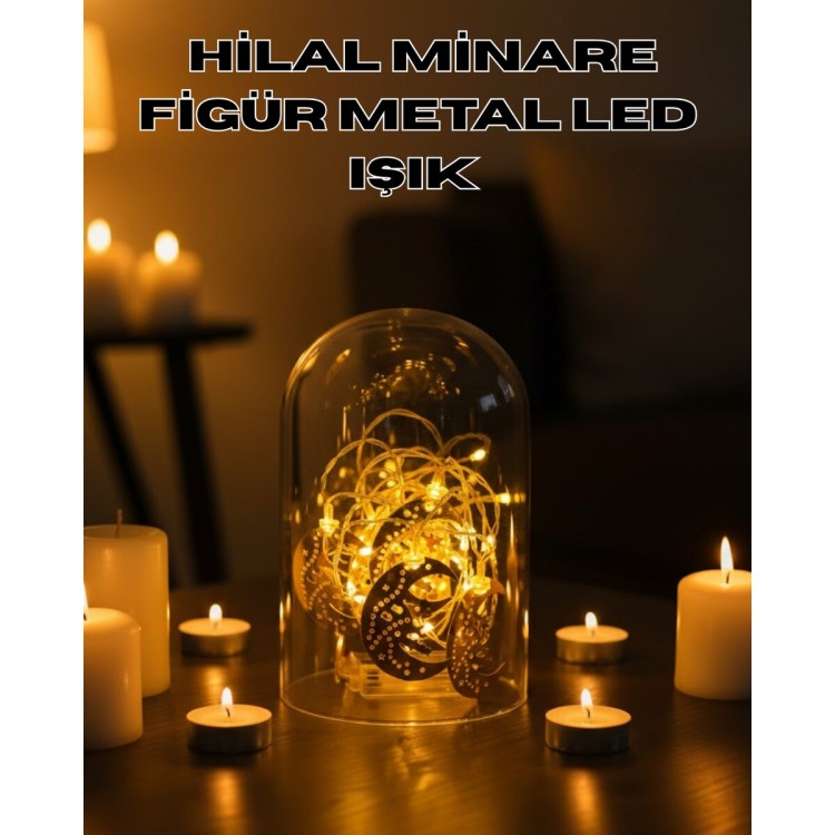 Ramazan Minare Detaylı Hilal LED Işık Günışığı Sarı Metal Süs