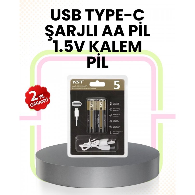 Tekrar Şarj Edilebilir AA USB Type-C Pil | 1000+ Döngü | 1.5V Sabit Voltaj