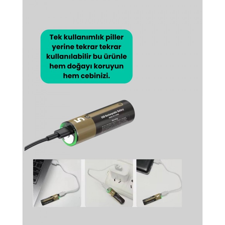 1.5V AA Şarjlı Lityum Pil | 1000+ Kez Şarj Edilebilir | Hızlı Type-C Şarj (2 Adet)