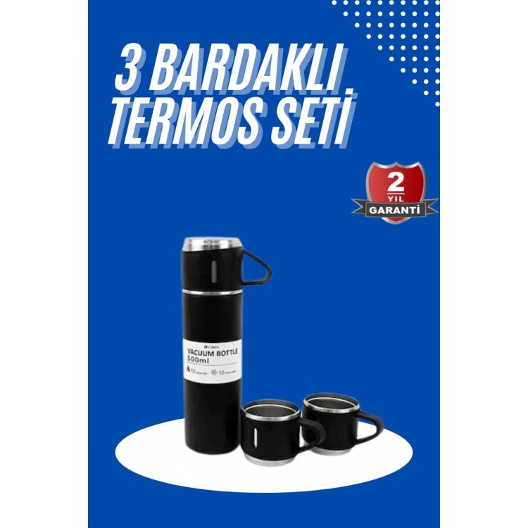 Termos Seti 3'lü Bardak Seti Isı Dayanıklı Siyah Paslanmaz Çelik Vakumlu