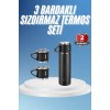 Termos Paslanmaz Çelik Termos Siyah Renk 3 Bardaklı Termos Seti