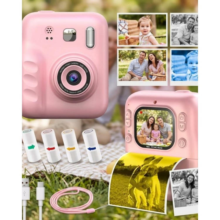 Çocuk Dijital Fotoğraf Makinesi Anında Baskı ve HD Video Kayıt Özellikli 5 kalem ve 4 rulo kağıt hediye